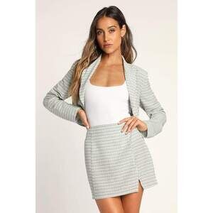 Lulus Clue In To Chic Sage Green Gingham Mini Skirt & Blazer compo - Size XS